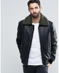 Asos Faux Leather Jacket With Fleece Collar In Black