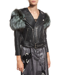 Marc Jacobs Fox Fur Trim Leather Jacket Black