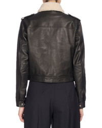Kenzo Fur Collar Cropped Leather Jacket Black