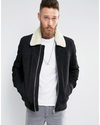 Asos Leather Flight Jacket With Borg In Black