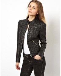 Asos Leather Jacket In Quilt Structured Shoulder Black