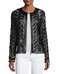 Neiman Marcus Leather Leaf Trimmed Sheer Organza Jacket Black