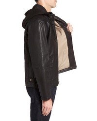Cole Haan Leather Moto Jacket With Knit Hood