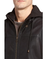 Cole Haan Leather Moto Jacket With Knit Hood