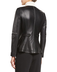 Magaschoni Leather Peplum Jacket W Contrast Whipstitching Black