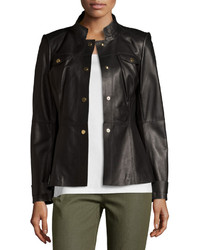 Lafayette 148 New York Military Leather Snap Front Jacket Black