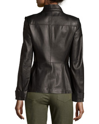 Lafayette 148 New York Military Leather Snap Front Jacket Black