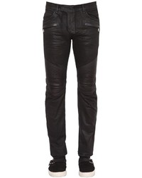 Balmain 17cm Biker Leather Cotton Denim Jeans