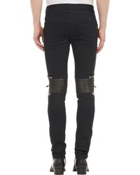 Saint Laurent Leather Detail Moto Zip Jeans Black