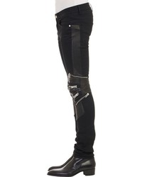 Saint Laurent Leather Detail Moto Zip Jeans Black