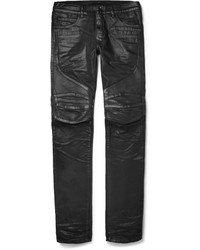 Balmain Slim Fit Leather Panelled Coated Denim Biker Jeans