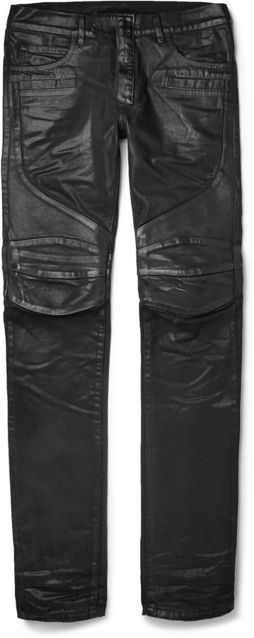 Balmain Slim Fit Leather Panelled Coated Biker Jeans, $1,950 | MR PORTER | Lookastic