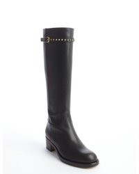 Gucci Black Leather Gold Studded Buckle Strap Knee High Boots