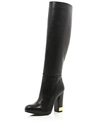 River Island Black Leather Knee High Gold Heel Boots