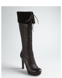 Gucci Black Leather Lace Up Ribbed Cuff Platform Knee High Boots