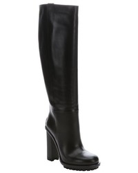 Gucci Black Leather Lug Soled Knee High Pull On Boots
