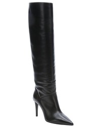 Prada Black Leather Partial Zip Knee High Stiletto Boots