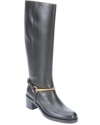 Gucci Black Leather Tess Knee High Slip On Riding Boots
