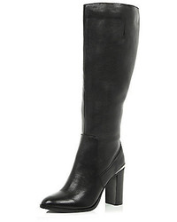 River Island Black Leather Wide Leg Fit Knee High Boots