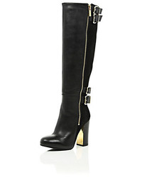 River Island Black Leather Zip Up Knee High Boots