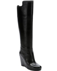 Prada Black Smooth Leather Wedge Knee High Boots