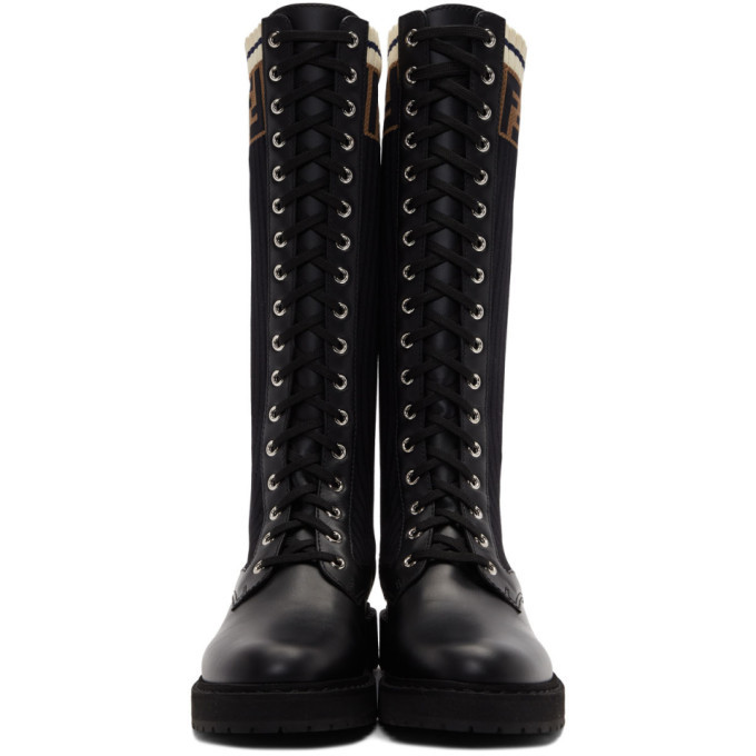 Fendi Black Tall Rockoko Combat Boots, $1,290 | SSENSE | Lookastic