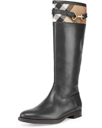 Burberry Check Top Leather Knee Boot Black