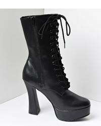 Unique Vintage Black Faux Leather Lace Up Platform Ankle Boots