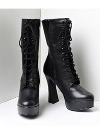 Unique Vintage Black Faux Leather Lace Up Platform Ankle Boots