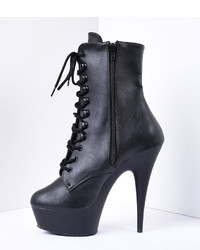 Unique Vintage Black Faux Leather Lace Up Stiletto Platform Ankle Boots
