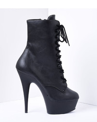 Unique Vintage Black Faux Leather Lace Up Stiletto Platform Ankle Boots