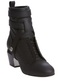 Fendi Black Grained Leather Harness Detail Heel Ankle Boots