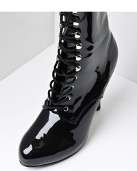 Unique Vintage Black Patent Leather Lace Up Stiletto Ankle Boots