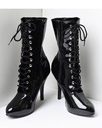 Unique Vintage Black Patent Leather Lace Up Stiletto Ankle Boots