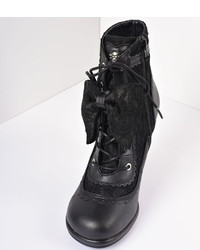 Unique Vintage Black Vegan Leather Lace Bow Ankle Boots