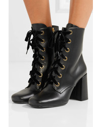Prada Lace Up Leather Ankle Boots Black