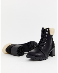 New Look Shearling Heeled Boot In Black