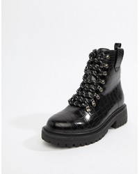 PrettyLittleThing Lace Up Hiker Boot In Black Patent