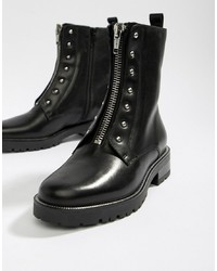 Dune Raffi Black Leather Studded Zip Front Ankle Boot