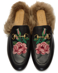Gucci Black Floral Fur Princetown Slippers