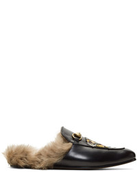 Gucci Black Fur Tiger Princetown Slippers