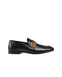 Gucci Black Gg Web Leather Loafers