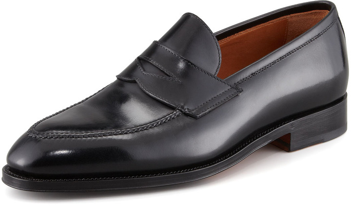 black leather penny loafers