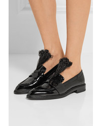 Christopher Kane Feather Trimmed Patent Leather Loafers Black