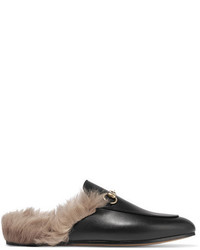 Gucci Horsebit Detailed Shearling Lined Leather Slippers Black