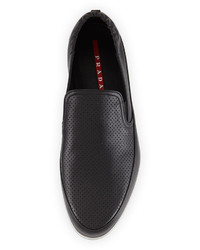 Prada Perforated Leather Slip On Loafer Black