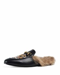 Gucci Princetown Fur Lined Slipper Wtiger Embroidery Black