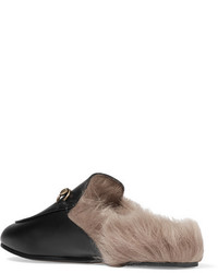 Gucci Princetown Horsebit Detailed Shearling Lined Leather Slippers Black