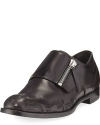 Alexander McQueen Skull Etched Leather Loafer With Zipper Monk Strap Black