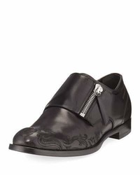 Alexander McQueen Skull Etched Leather Loafer With Zipper Monk Strap Black